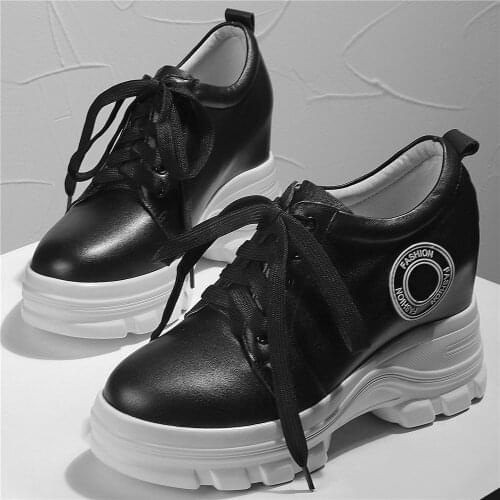 10cm Chunky High Heels Fashion Sneakers Women Lace Up Genuine Leather Ankle Boots Female Round Toe Party Pumps Shoe Casual Shoes