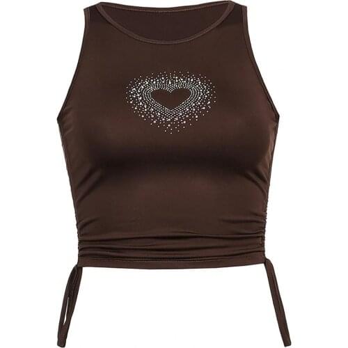 Women Vintage 90s Aesthetic Sexy Heart Shape Rhinestone Brown Mini Vest Side Drawstring Slim Spandex Sleeveless Ruched Top