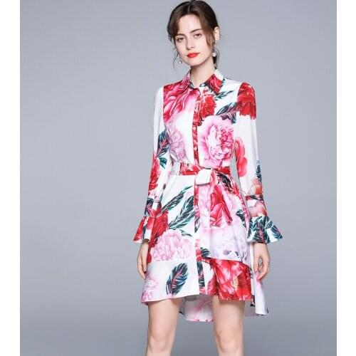 Elegant Peony Floral Print Irregular Shirt Dress Women Long Flare Sleeved Single-Breasted Lace-Up Holiday Summer Vestidos k8016