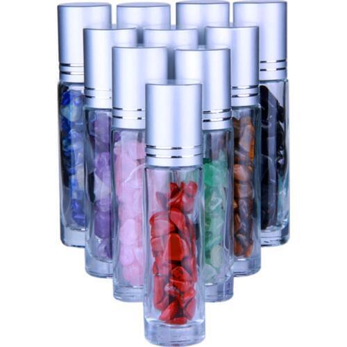 10pcs Parfume Essential Oil Bottle 10ml Natural Gemstone Roller Bottle Refillable Perfume Semiprecious Tube Crystal Storage Tool