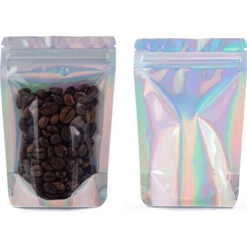 50pcs Glossy Hologram Cosmetic Jewelry Stand Up Package Bags Doypack Hologramic Aluminum Foil Plastic Zip lock Bag for Bath Salt