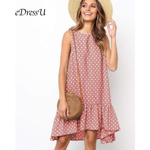 8 Colors Pink Polka Dot Dress Loose Sleeveless Ruffles Casual Summer Dress Knee Length Korean Daily Dress eDressU CLX-101112
