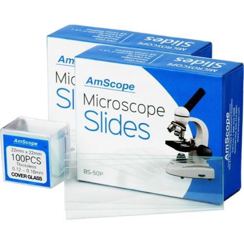 AmScope 100 Pre-Cleaned Blank Microscope Slides and 100 22x22mm Square Cover Glass BS-100P-100S-22