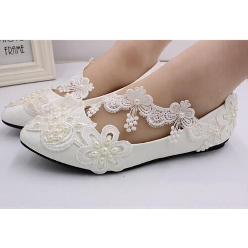 BaoYaFang White lace handmade wedding shoes flat bottom bridal wedding shoes Bridesmaid performance shoes