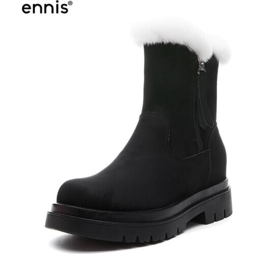 ENNIS Winter Snow Boots Women Height Increase Warm Boots Flat Faux Suede Platform Ankle Boots Black Plush Fur Shoes Fashion A23A