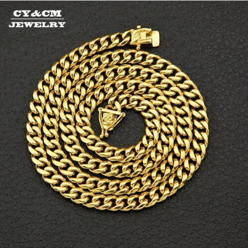CY&CM Hiphop Men Jewelry Solid Clasp Gold Stainless Steel Miami Cuban Link Chain 8/10/12/14mm Punk Heavy Long Necklace 18"20"30"