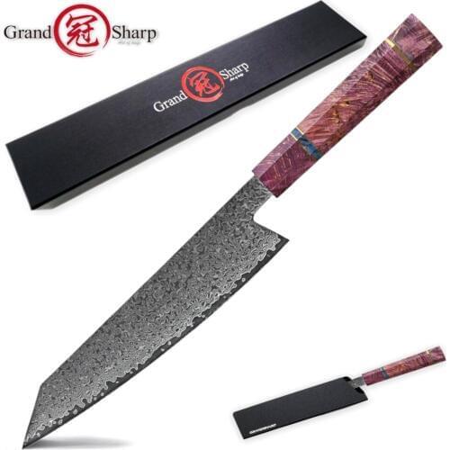 Damascus kitchen knife 67 layers Japanese Damascus Steel Chef Knife Purple Line Solidified Wood Handle Best Family Gift Cooking