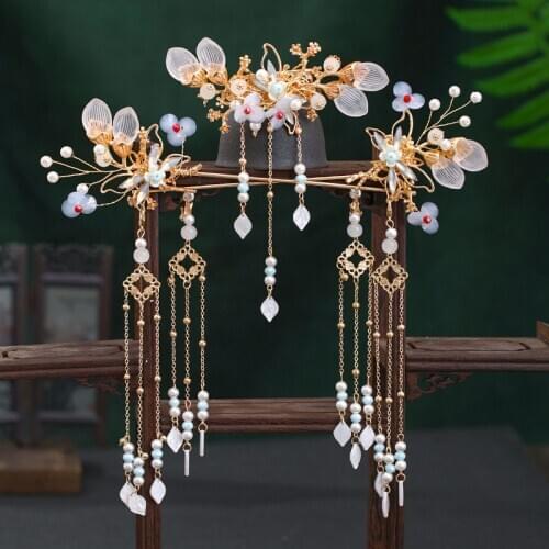 Ancient Chinese Style Butterfly Jewelry Long Tassels Flower Pearls Hairpins Clips Hiar Forks Sticks for Bride Noiva Wedding