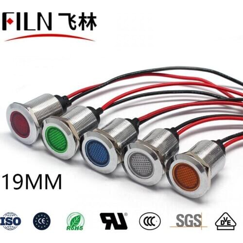 FILN Metal Flat head 19mm 12v metal indicator light with red green dot led light with wire