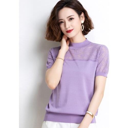 Summer Lace Holow Out Knit T-Shirt Women Plus Size O- Neck Tops Candy Colors Short Sleeve Knitwear Tee Loose Stretch Pullovers