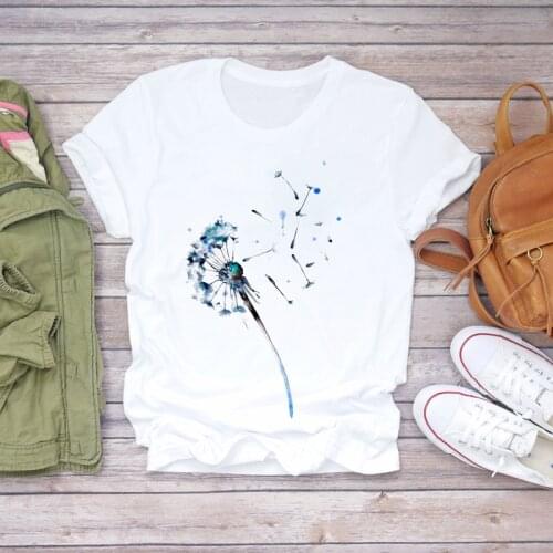 Summer 2021 New DDandelion print ladies T-shirt ladies casual basis O-collar white shirt short sleeve ladies T-shirt,Drop Ship