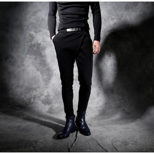 Male casual pants mens harem pants personality tapered type elastic slim skinny pants men trousers pantalon homme novelty black