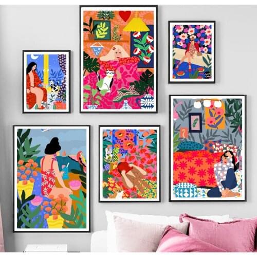 Boho Abstract Colorful Girl Flower Leaf Wall Art Canvas Painting Nordic Posters and Prints Wall Pictures for Living Home Decor