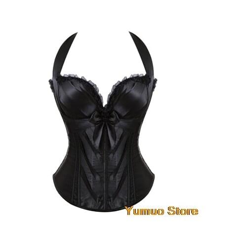 2021NewSexy Lace up Satin Corset With Cup Lingerie Zipper Side Overbust Corsets and Bustiers Party BowHalterCorsetPlusSize S-2XL