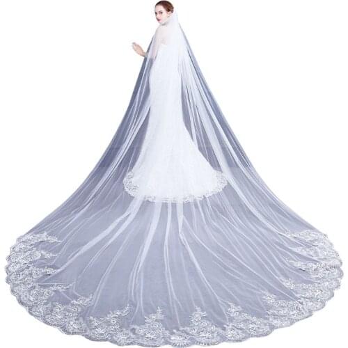 4M One-Layer Women Trailing Cathedral Long Wedding Veil Embroidered Floral Lace Applique Scalloped Trim Bridal Veil With W0YA