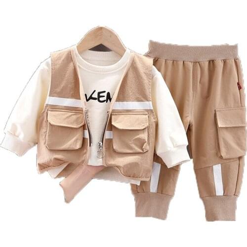 Autumn Winter Childrens Clothing Sets for Boys 1-6y Striped Letter Pattern Baby Vest T-shirt Pants 3Pcs Tooling Casual Suit