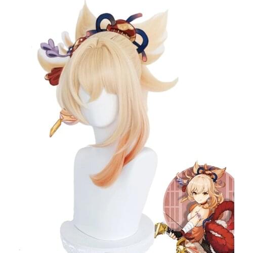 Genshin Impact Yoimiya Cosplay Wig Gradient Blond Orange Ponytail Heat Resistant Hair Pelucas Anime Role Play Wigs + Hairnet