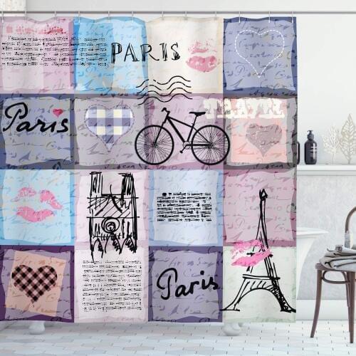 Paris Shower Curtain Grunge Textured Retro Collage of Paris with Famous Object Eiffel Tower Europe Theme Bathroom Decor Set