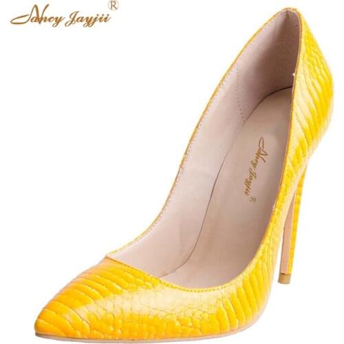 Sexy Yellow PU Snakeskin Pointed Toe High Thin Heels 12cm Slip-On Pumps Yellow Shoes Woman Elegant Casual Plus Size 40 41 45