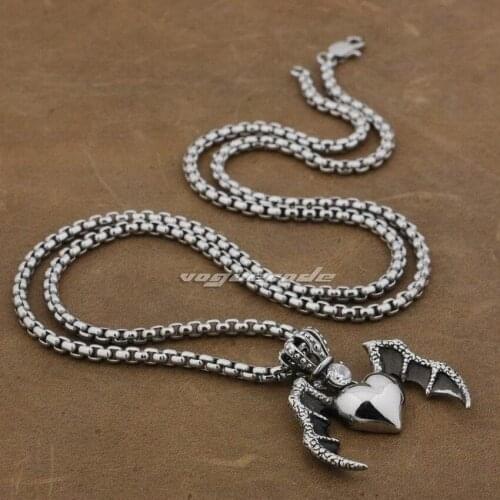 Devil Wing Crown Heart Pendant White CZ Stone 316L Stainless Steel Mens Biker Punk Style 6K009 Steel Necklace 26 inches