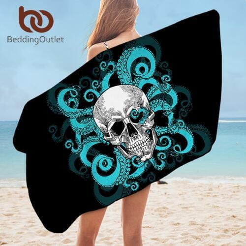BeddingOutlet Skull Bath Towel Octopus Microfiber Beach Towel Blue Tentacles Rectangle Yoga Mat 75x150cm Gothic Travel toalla