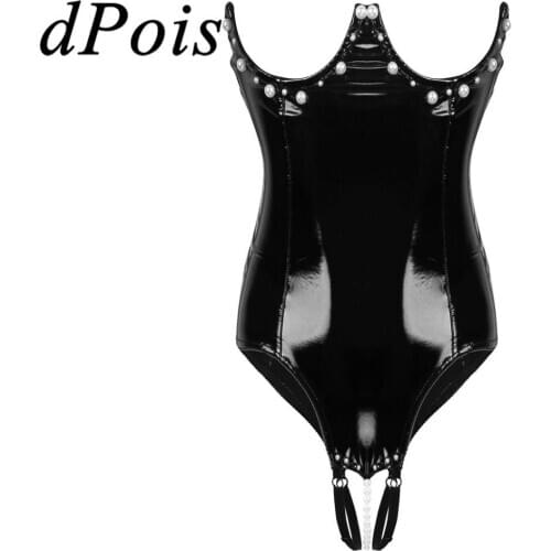 Women Wet Look Patent Leather Open Cups Sexy Lingerie Strapless Bare Breast Crotchless with Pearl Underwired Bodysuit Nightwear
