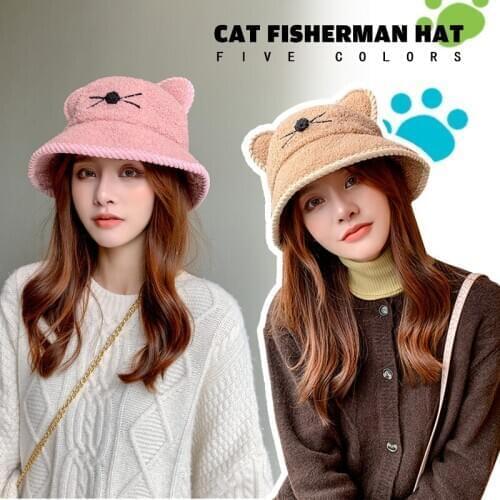 Cute Cats Hat Solid Artificial Fur Warm Female Faux Fur Winter Bucket Hat For Women Outdoor Sunscreen Sun Hat Panama Caps
