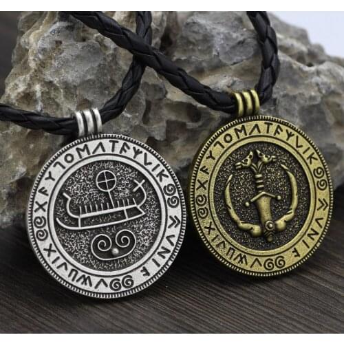 Viking Men Odin Wolf In Vanir Sword with Rune Norse Drakkar Pendant Necklace Jewelry