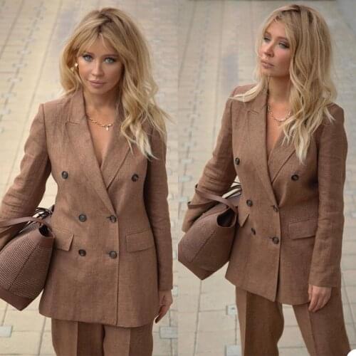 Vintage Women Blazer Suits 2 Pieces Custom Made Double Breasted Pocket Jacket Party Wedding Casual Daily Streetwear Coat