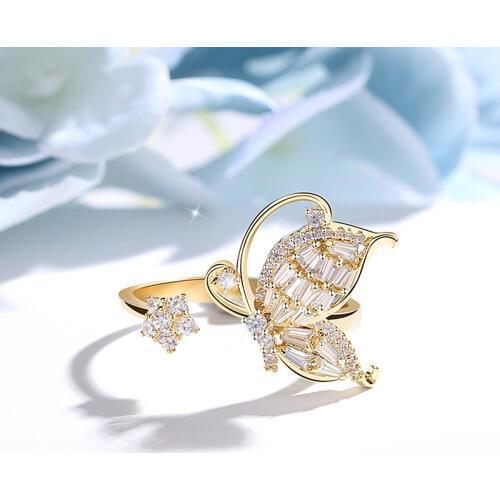 Korean new design fashion jewelry smart fairy copper inlaid zircon butterfly flower opening adjustable female prom party ring