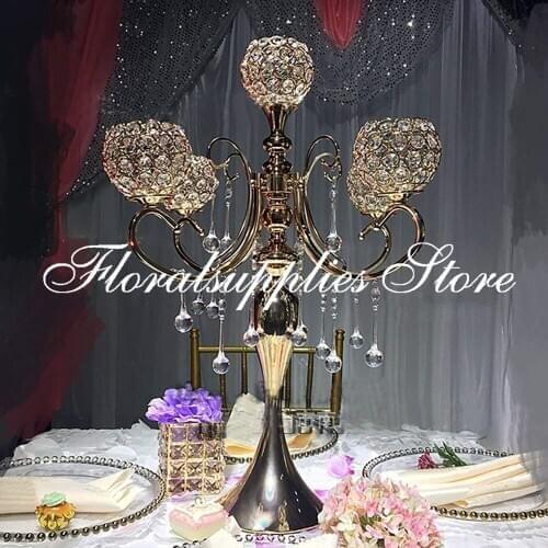 5 arm Gold Crystal Candelabras Tea Light Metal Candle Holder 65cm Tall Candle Holder wedding Centerpiece Table Stand