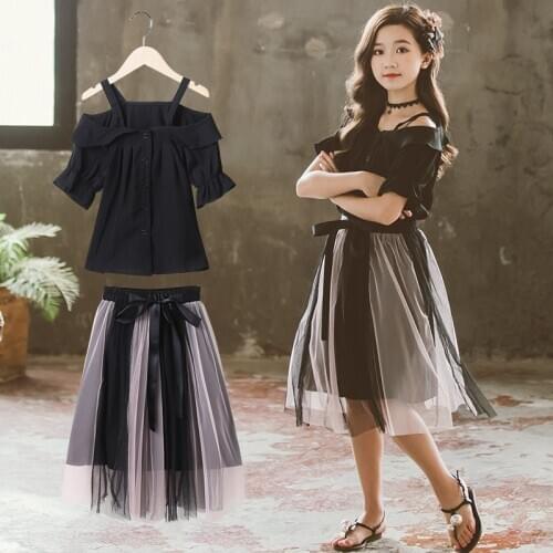 Kids Fashion Girl 2020 Clothes Set Summer New Black Suspender Skirt Teenage Girls Clothing For 8 12 Year Outfits For Girls