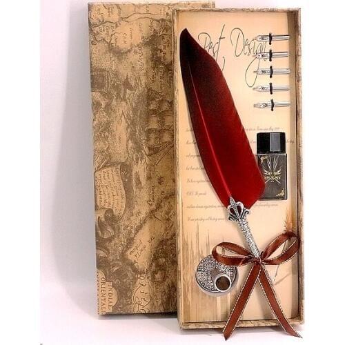 European Short Hair Feather Pen Student Writing Pen Stationery Gift Box Wedding Gift Stainless Steel Nib Metal Texture Pen Body