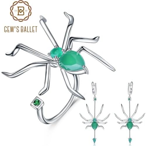 GEMS BALLET Natural Green Agate Gemstone Earrings Ring Set 925 Sterling Silver Spider Shape Jewelry Set For Women Fine Jewelry