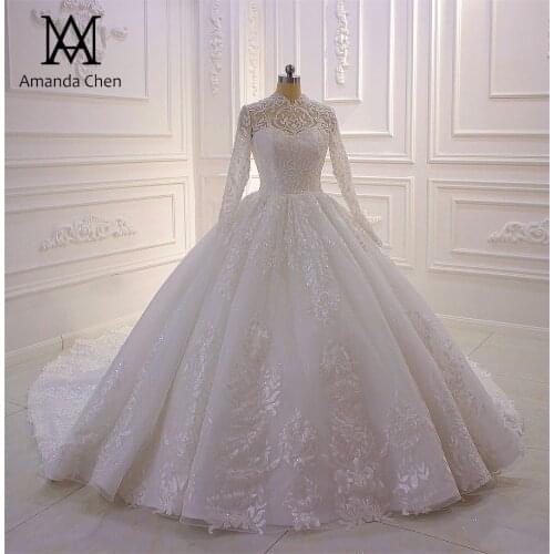 Custom Made High Neck Lace Applique Shiny Long Sleeve Muslim Wedding Dress 2019
