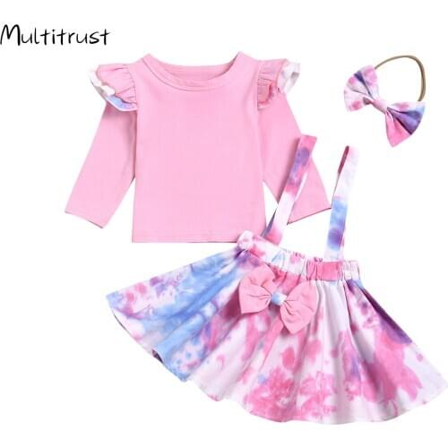 Todder Girl Clothes Suit Solid Long Sleeve Ruffled Shoulder Top + Tie-dyed Suspenders Mini Skirt+ Bowknot Hairband 3PCS