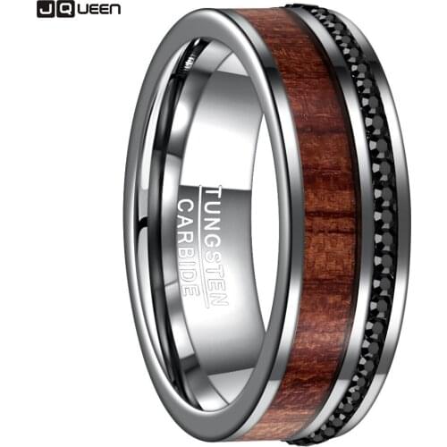 New Arrival 8MM Wide Steel Color Polished Plane Bevel Inlaid Wood Grain Black Crystal Tungsten Steel Ring Mens Fine Jewelry