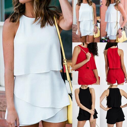 New Women Sleeveless Ruffle Summer Mini Playsuit Ladies Short Jumpsuit Romper Solid Crew Neck Casual Holiday Beach Jumpsuit