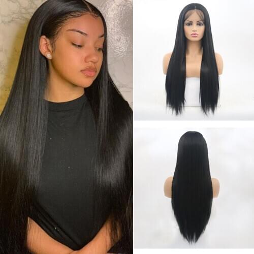 QUINLUX WIGS Black Long Straight Wigs Synthetic Lace Front Wig With Baby Hair For Black Women Glueless Heat Resistant Fiber
