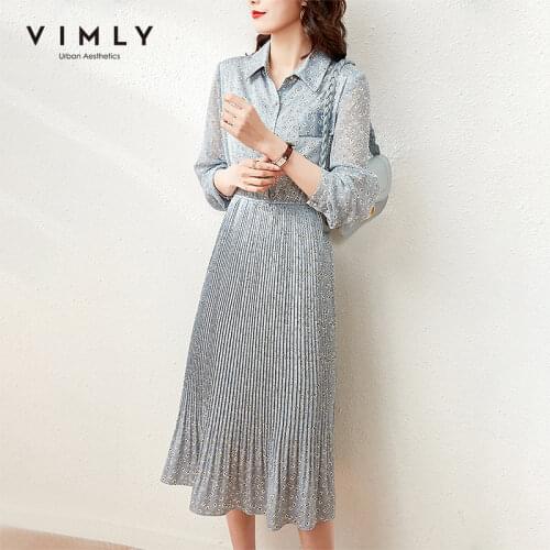 VIMLY Floral Dress For Women Office Lady High Waist Button-up Pleated Dress Vintage Full Sleeve Dresses Female Vestidos F6331