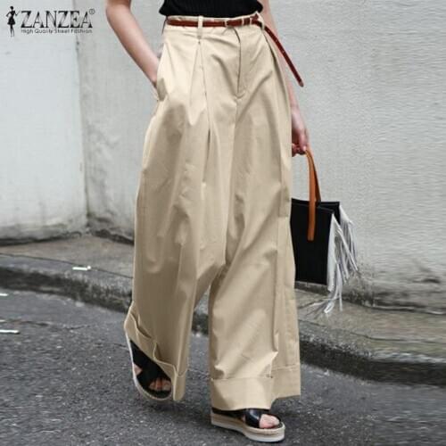 Stylish Solid Overalls Womens Spring Pants ZANZEA 2021 Casual Front Zip Long Pantalon Female Pleated Trousers Turnp