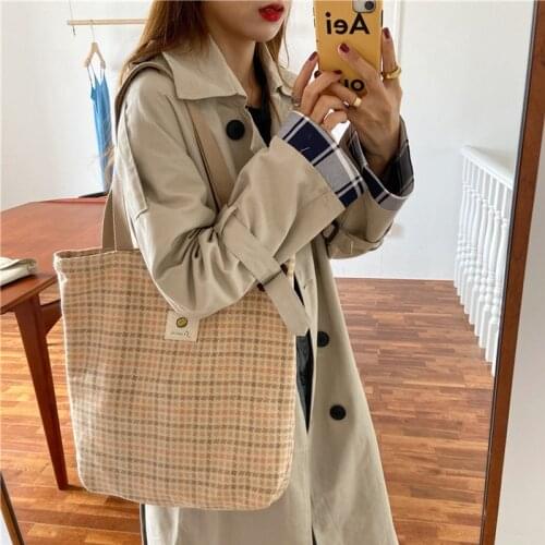 Warm Winter Women Woolen Canvas Bags Vintage Plaid Female Casual Tote Soft Cloth Handbag Ladies Striped Pattern Shoulder Bag