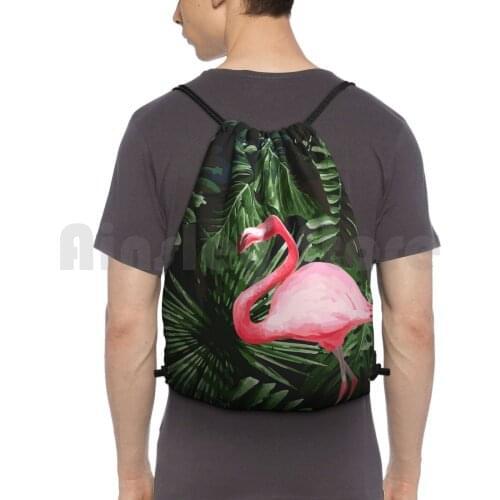 Tropical Flamingo And Floral Palm Tree Leaves Green Black Backpack Drawstring Bags Gym Bag Waterproof Tropical Rain