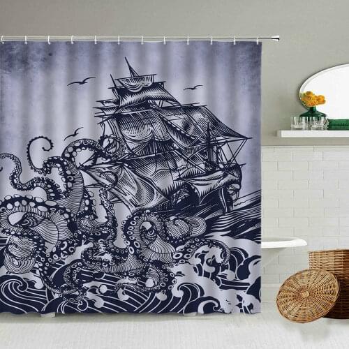 Ocean Waves Seagull Octopus Sailing Boat Shower Curtain Creative Nautical Theme Bathroom Decoration Blackout Waterproof Screen
