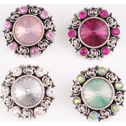 XH7432 Rose crystal flower Metal 18mm Snap button fit snap bracelet For Women