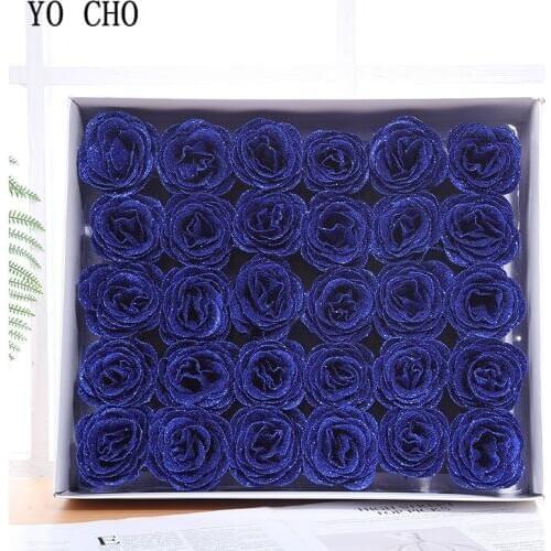 YO CHO Blue Rose Flower Head Crystal Rose Glitter Flower Head 1 Box 30 pcs Home Wedding Decor Valentines Gift Bling Flowers