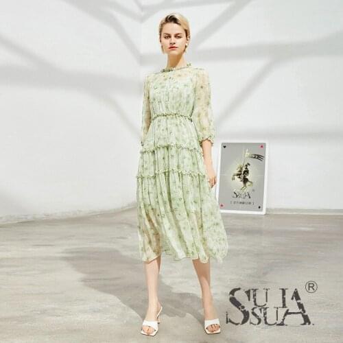 Green Lutos Floral Silk Chiffon Dresses Women 2021 Summer Long Casual Sexy Office Work Daily Dress Plus Size Slim Fit A Line
