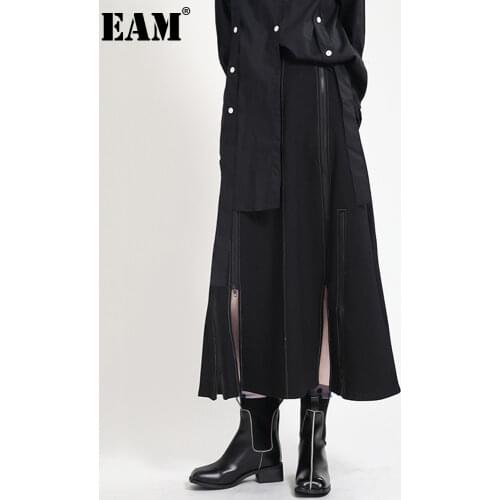 [EAM] High Elastic Waist Half-body Black Slit Solid Color Zipper Casual Skirt Women Fashion Tide New Spring Autumn 2021 1DD6662