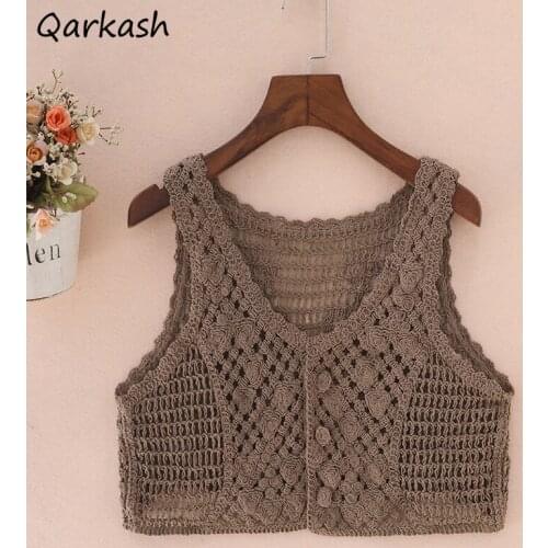 Sweater Vest Women Cropped Tunic Summer Thin Slim Elasticity Hollow Out Casual All-match Trendy Quality Candy Colors Solid Cosy