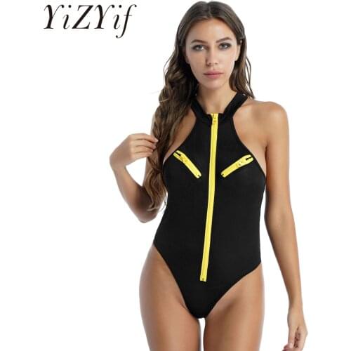 Womens Lingerie Sexy High Cut Bodysuit Nightwear Ladies Sleeveless Swimwear Swimsuit One-piece Zipper Front Rave Bar Clubwear